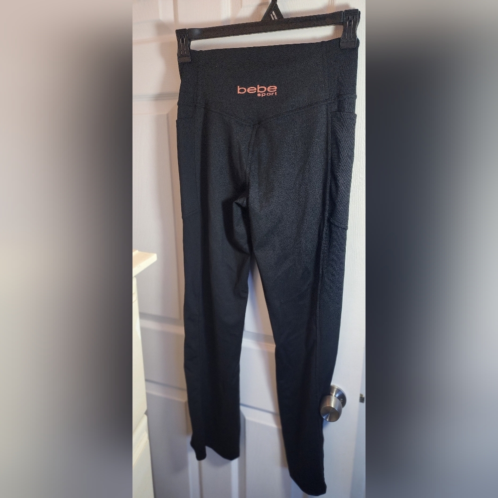 Bebe Sport logo womens sz M work out leggings black ribbed side strip w pockets - Picture 5 of 9